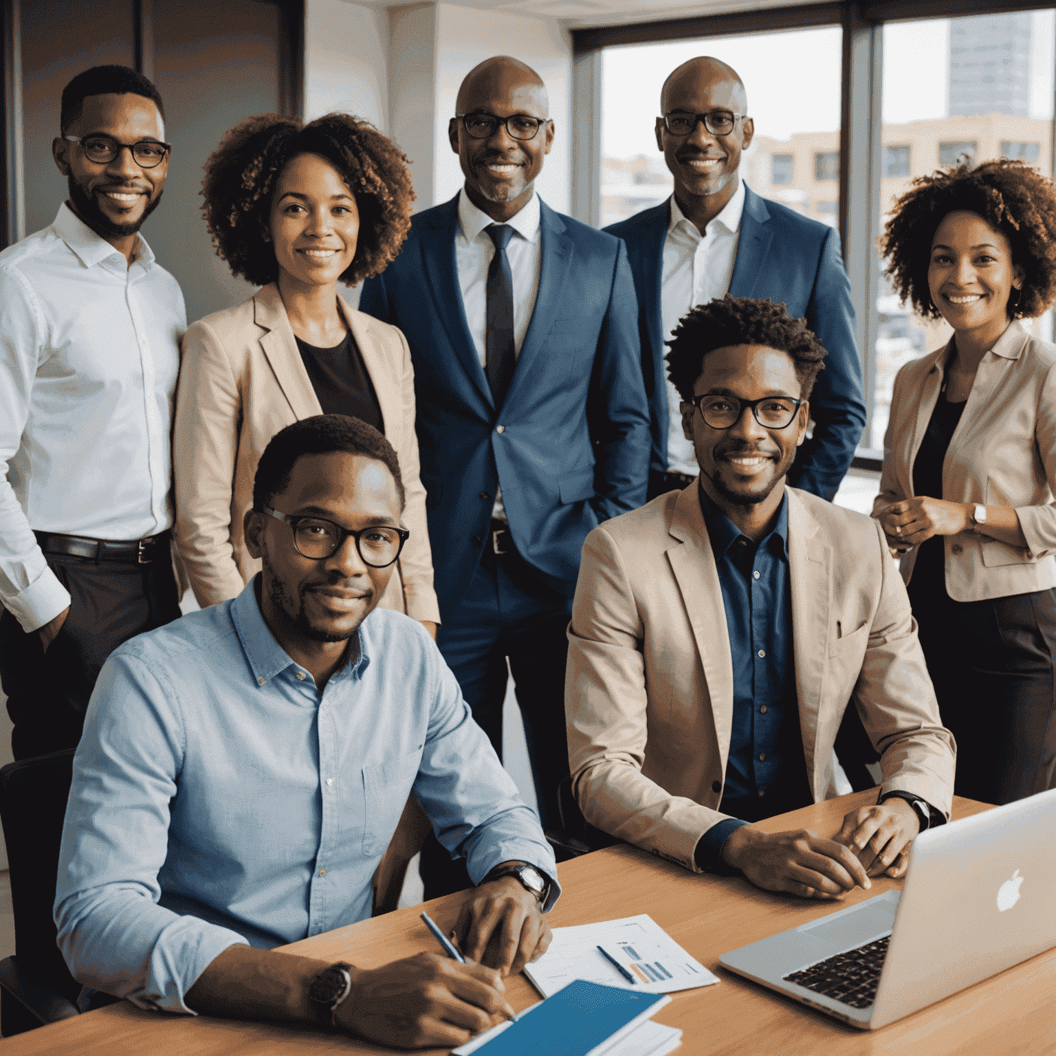 A diverse group of employees working together in a South African office, representing various ethnicities, genders, and ages.