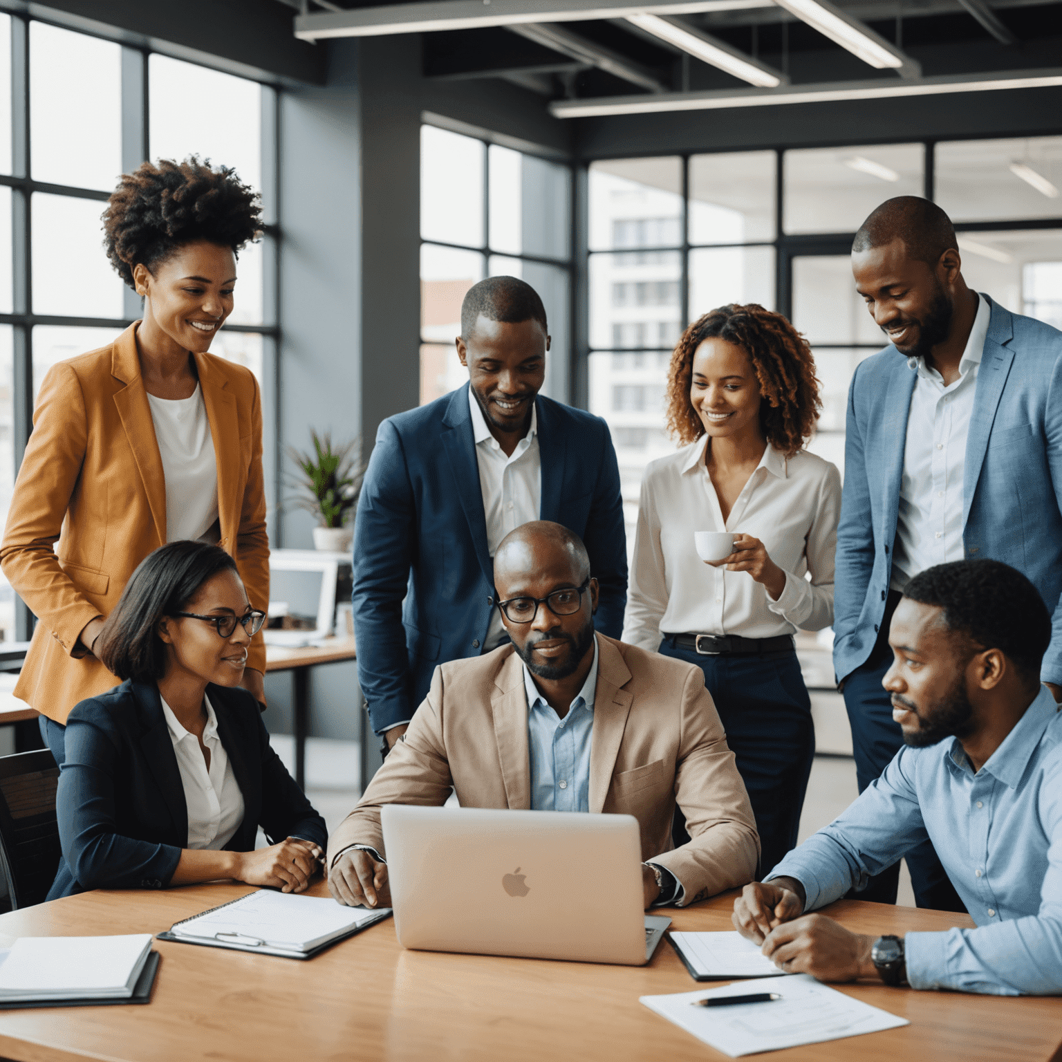 A diverse group of South African professionals collaborating in an office setting