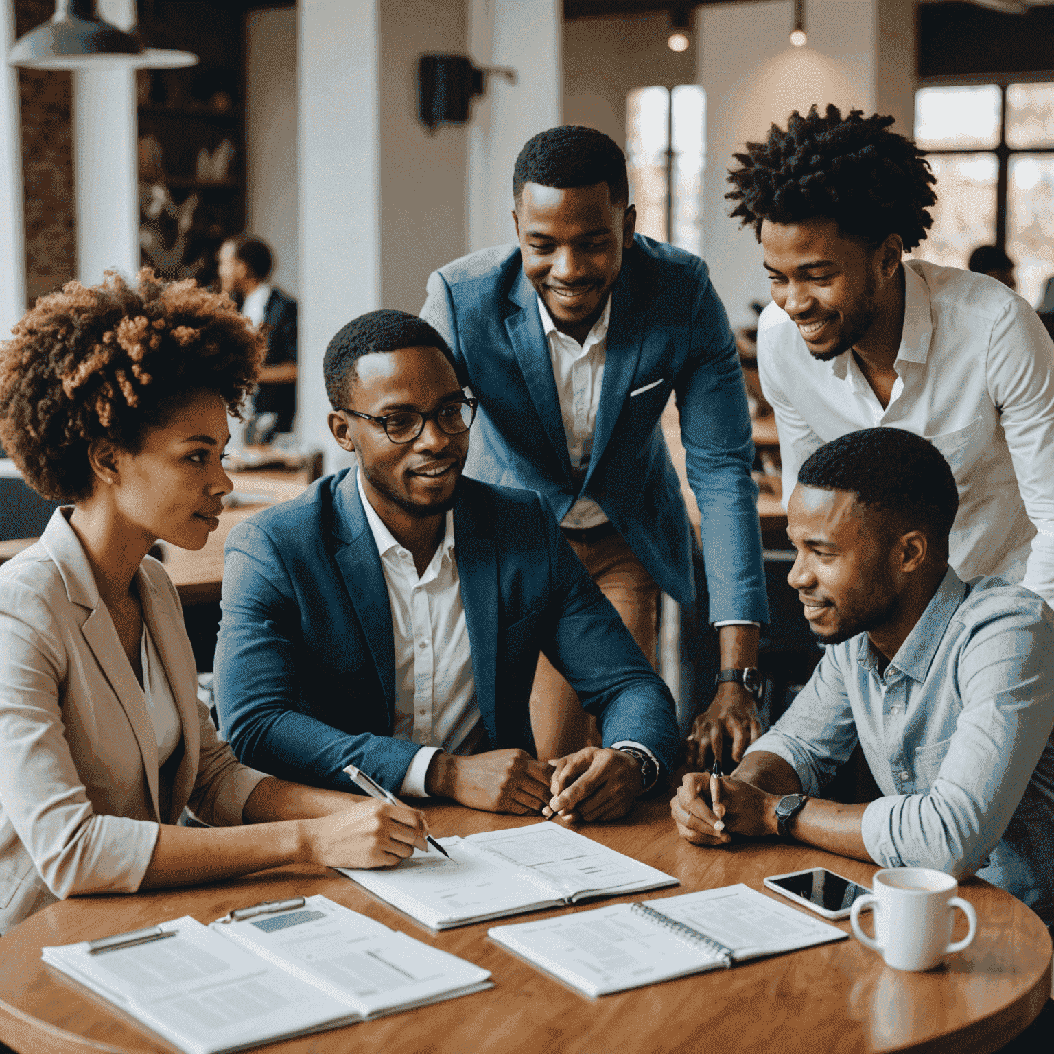 Group of diverse young South African entrepreneurs working together at a table, discussing business plans and strategies