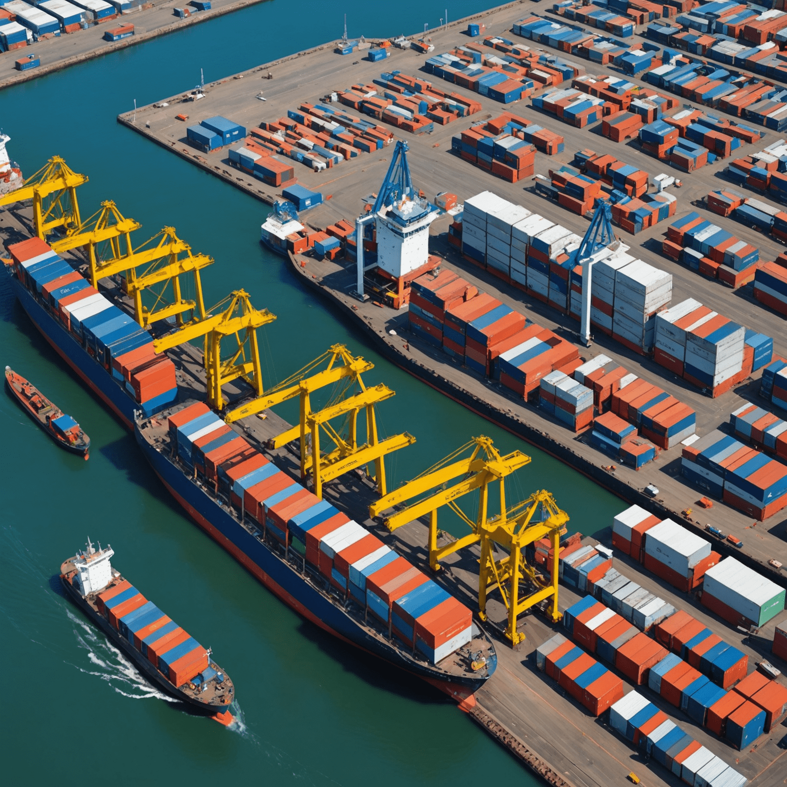 Aerial view of a busy shipping port in South Africa with cranes loading and unloading cargo from ships