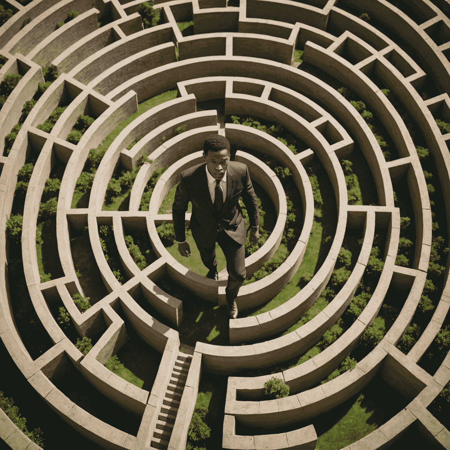 A businessman navigating through a maze, symbolizing the challenges of doing business in South Africa.