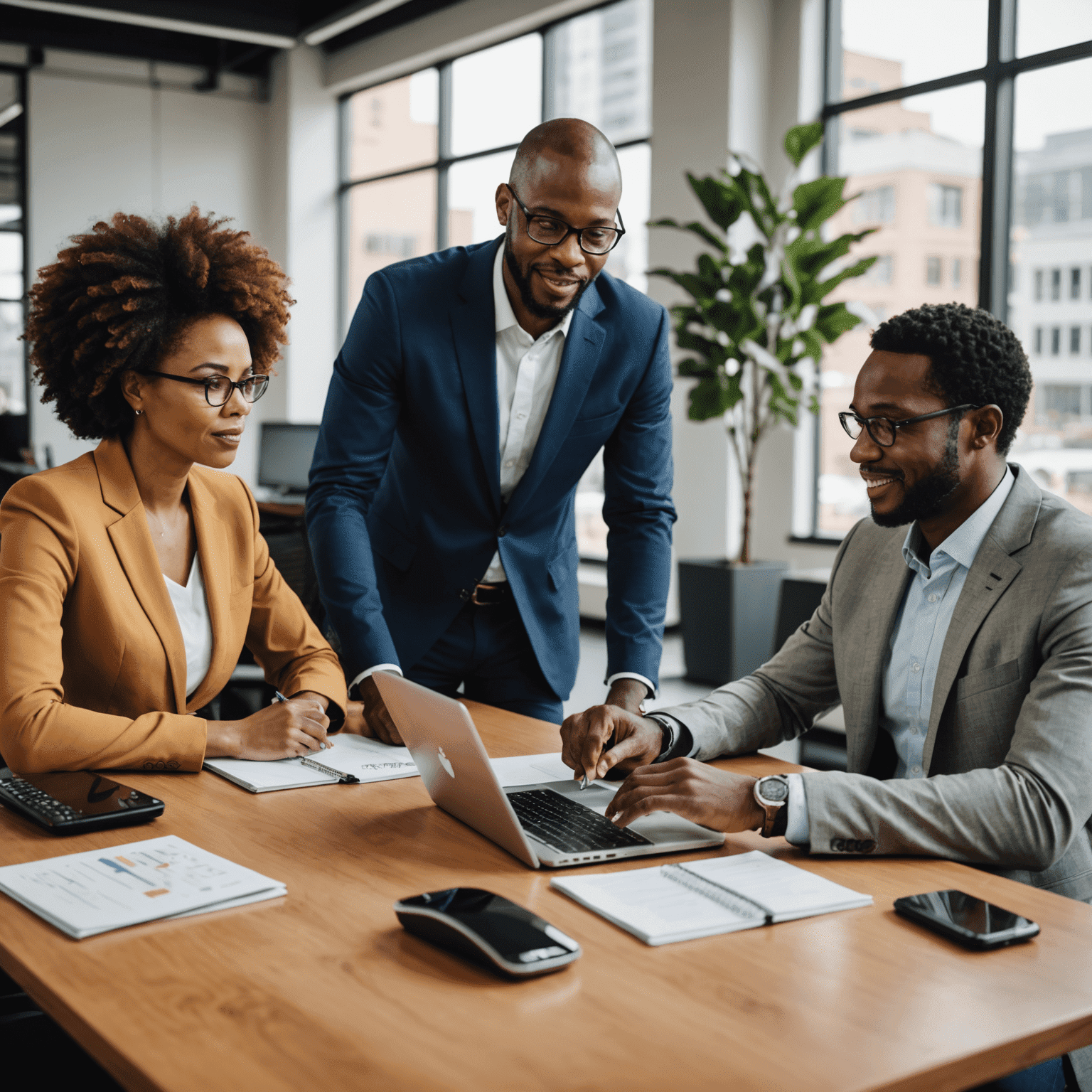 A diverse group of South African business professionals collaborating in an office setting