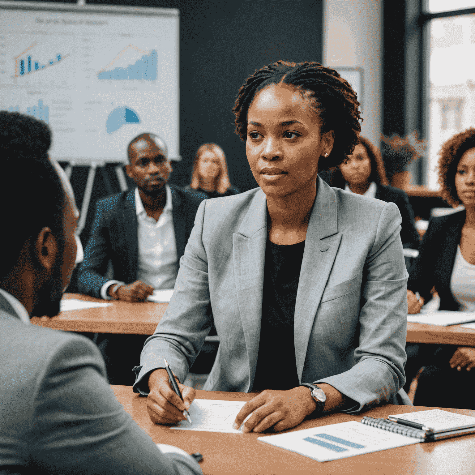 Young South African entrepreneur presenting her business plan to a panel of investors and mentors