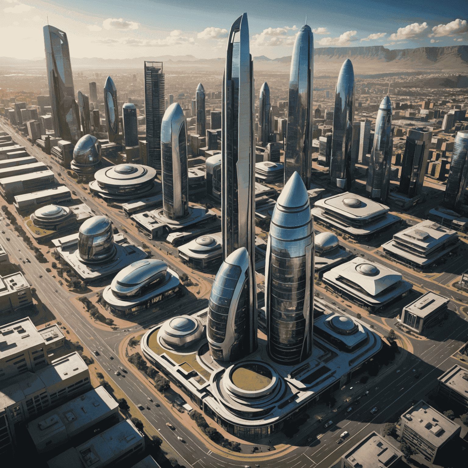 A futuristic cityscape of South Africa, showcasing advanced technology and innovation in various industries.