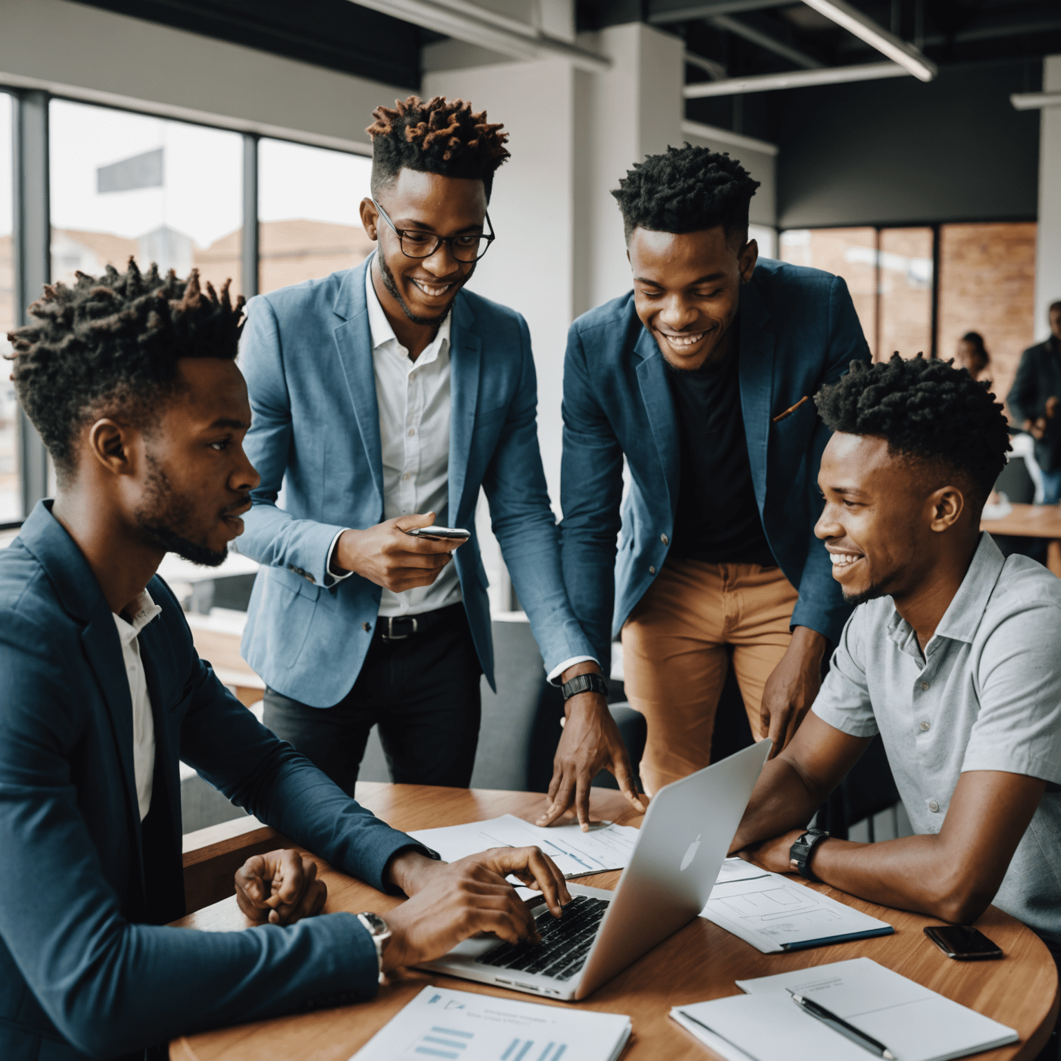 A group of young South African entrepreneurs working together on a startup project.