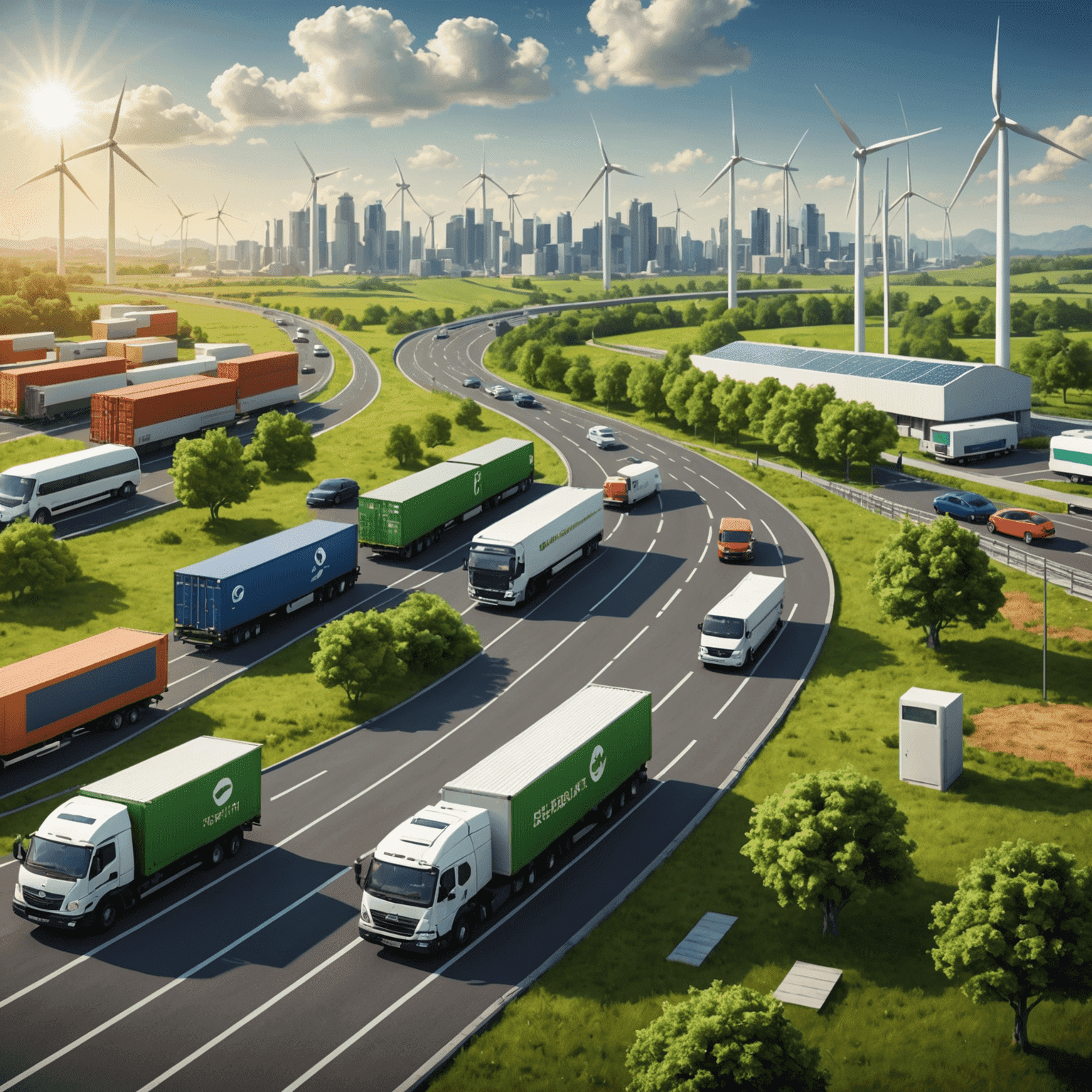 An illustration of a sustainable supply chain, with eco-friendly transportation and renewable energy sources.